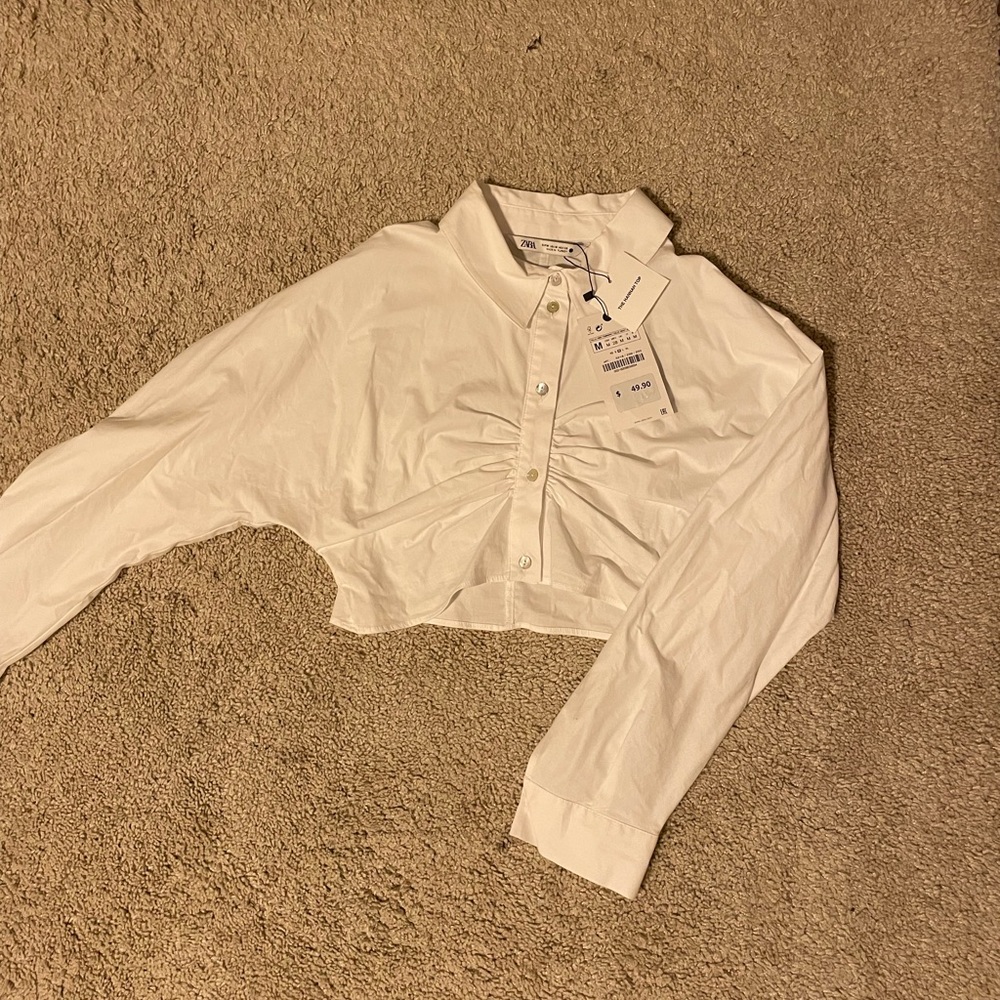 Zara White Button Down Cropped Blouse